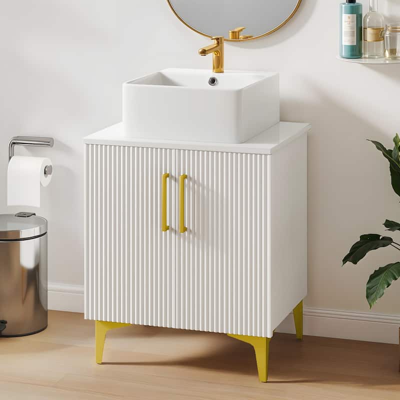 Freestanding Bathroom Vanity with White Stone Top Soft Close Doors and Gold Accents