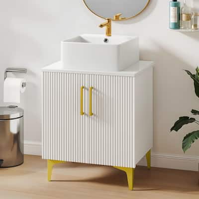 Freestanding Bathroom Vanity with White Stone Top Soft Close Doors and Gold Accents