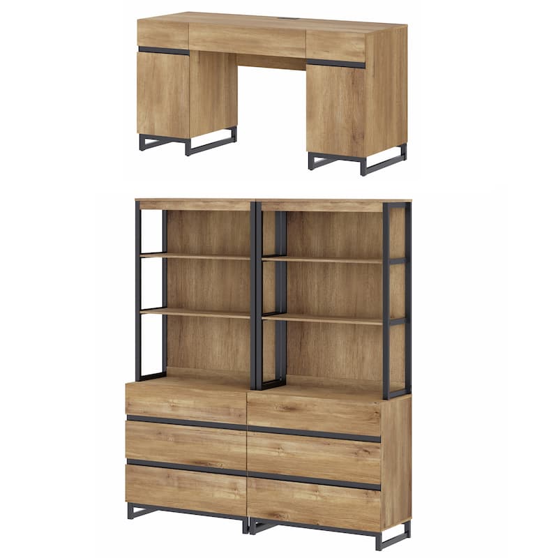WAMPAT 59" Executive Desk with Charging Station & Storage Cabinet + 72" Tall Bookcase with 6 Drawers.