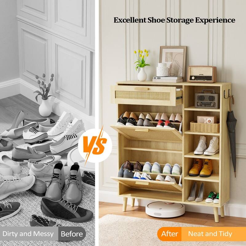 Rattan Hidden Shoe Cabinet with 2 Flip Drawers&1 Small Drawer& 5 Shelves