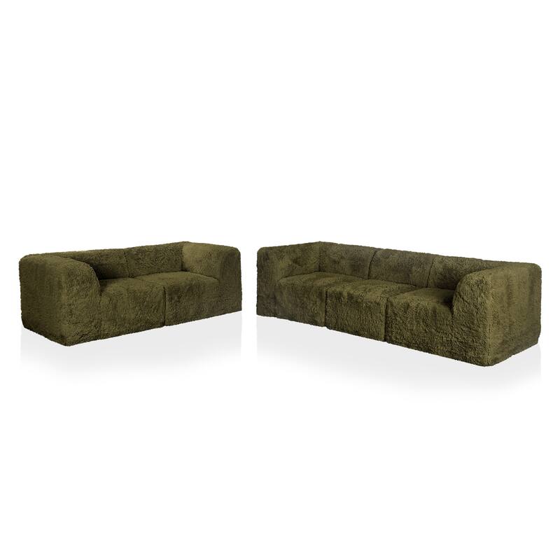 Furniture of America Ylena Modern 5-Piece Faux Fur Foam Modular Compressed Sofa and Loveseat Set