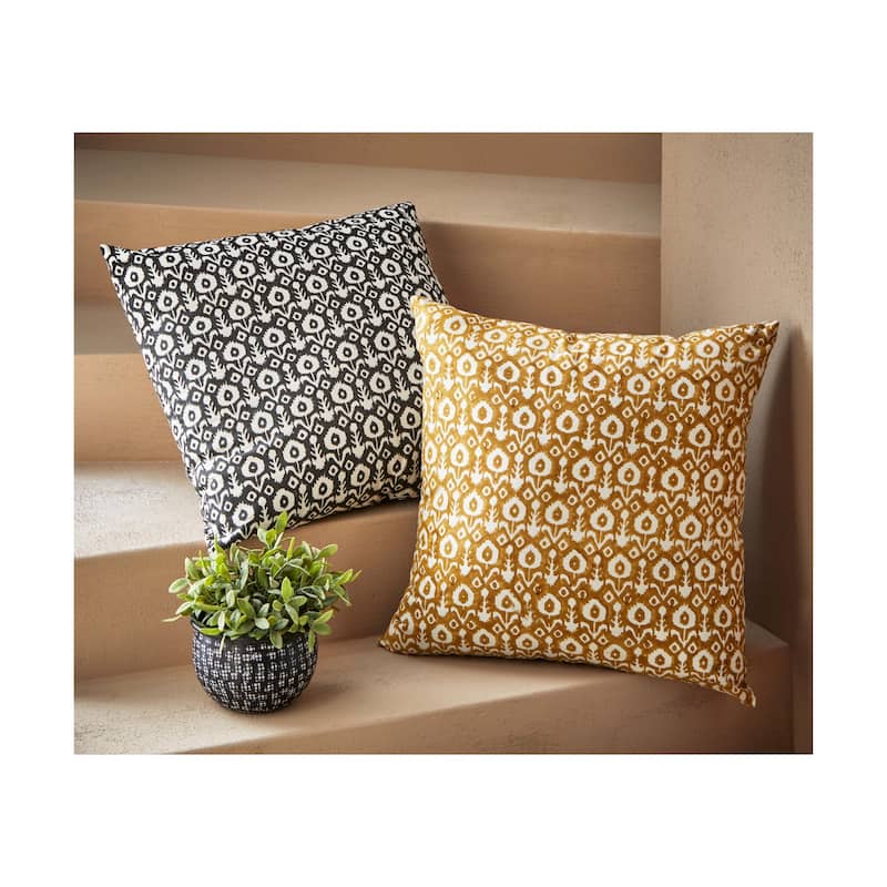 22"x22" Ikat Flower Block Print Blk Multi Cotton Accent Decorative Throw Pillow Poly Filled Removable Insert Square Black