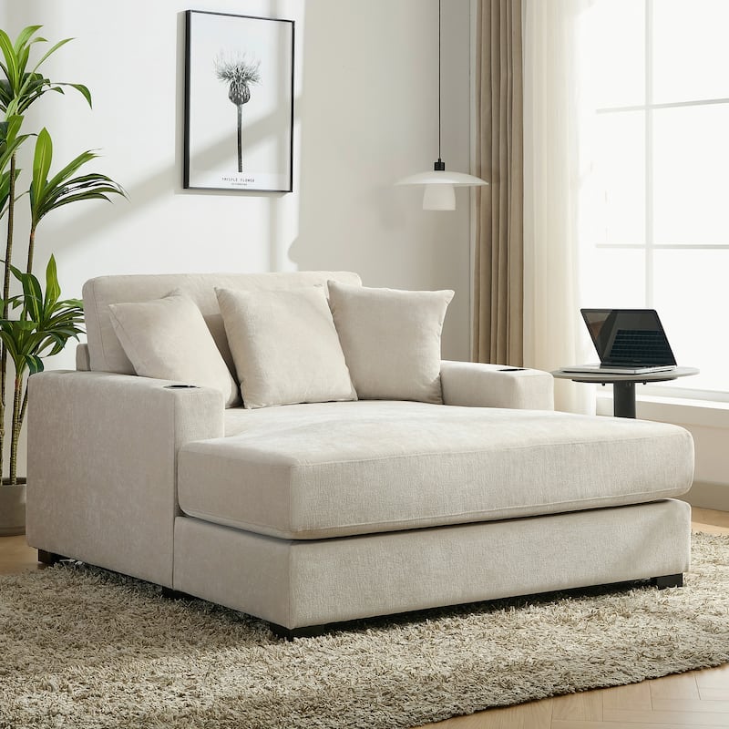 Oversized Chaise Lounger Modern Sofa Couch with Pillows, Charge Station & Cup Holders