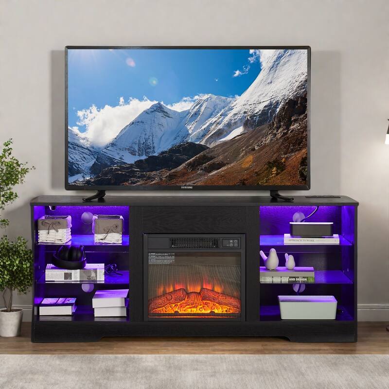 57.87" Electric Fireplace TV Stand with 2-in-1 Design with 7-Color LED Flames, USB Charging and App Control - Black