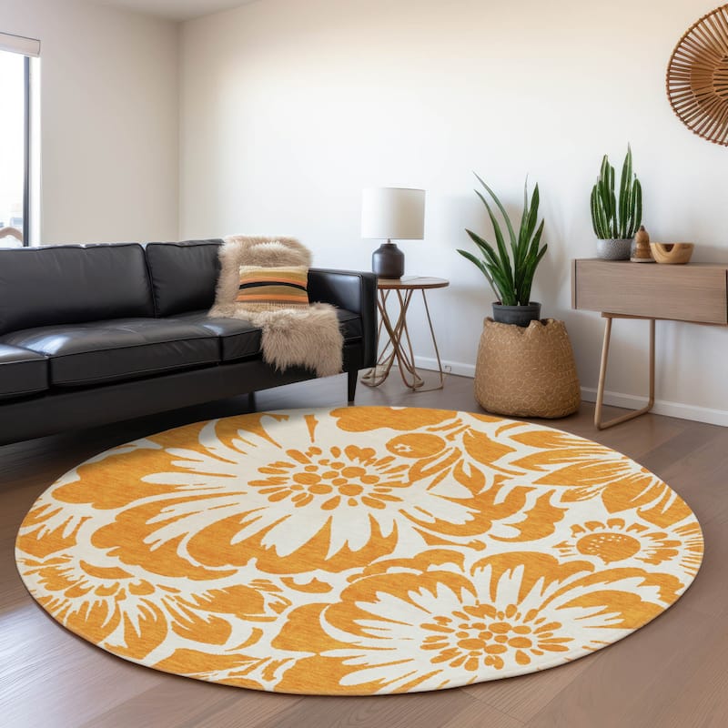 Premium Washable Super Soft Modern Floral Mayfield Rug - Orange - 8' x 8' - Round