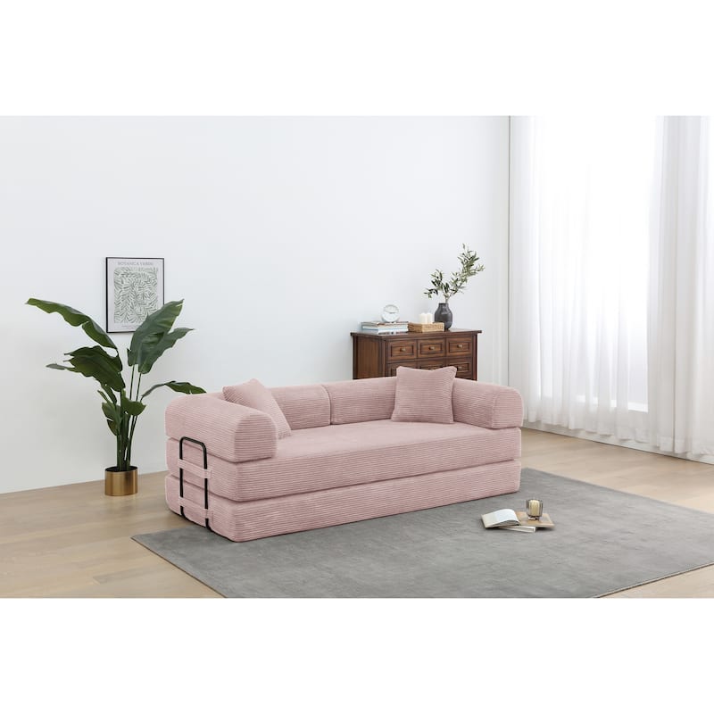 Convertible Sleeper Sofa Bed Corduroy Folding with Cylindrical Pillow Living Room - Pink