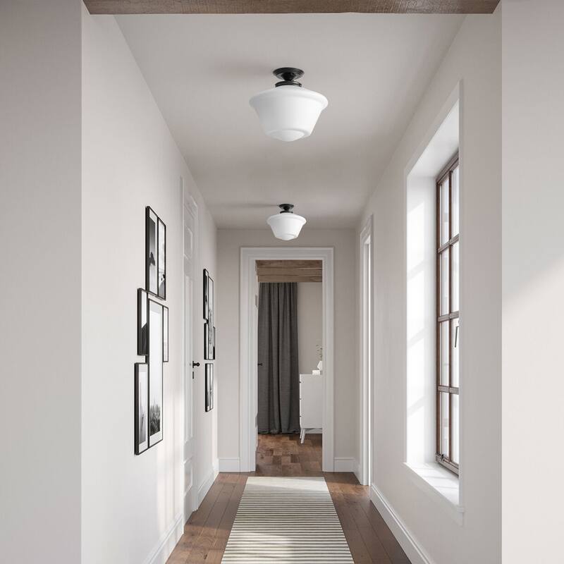 Modern Black 1-Light Semi Flush Mount Ceiling Light Fixture with Opal Glass Shade
