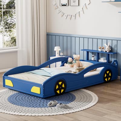 Twin Size Race Car Bed with Tail Wing Storage Rack and Black Yellow Wheels, Car-Shaped Bed Frame Toddler Floor Bed Platform Bed