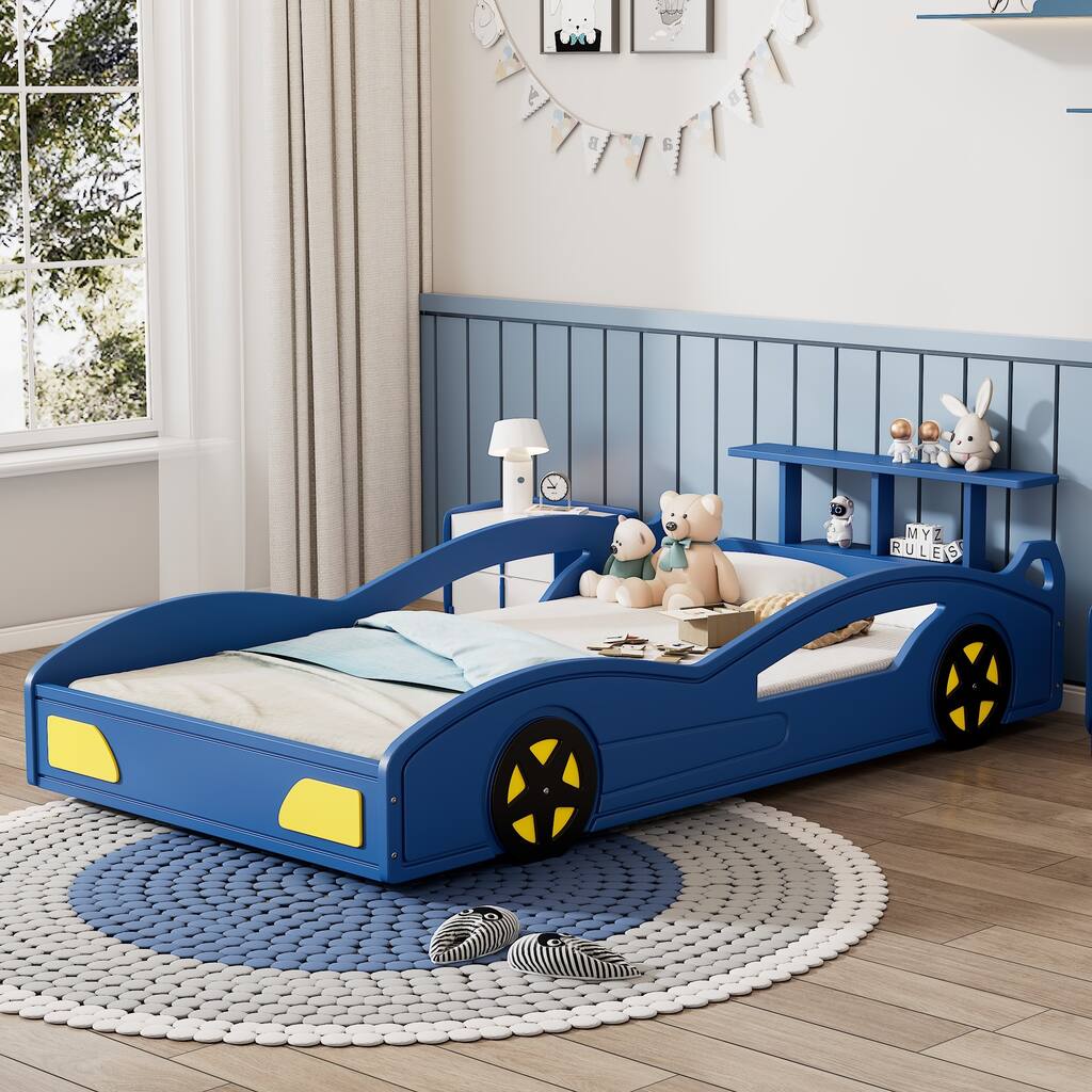 Wooden Race Car Bed Car Shaped Platform Twin Bed with Wheels For Teens