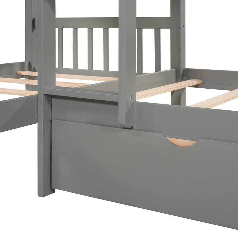 Gray Twin L-Shaped Bunk Bed with Drawers, Pinewood Construction, Space-Saving Design