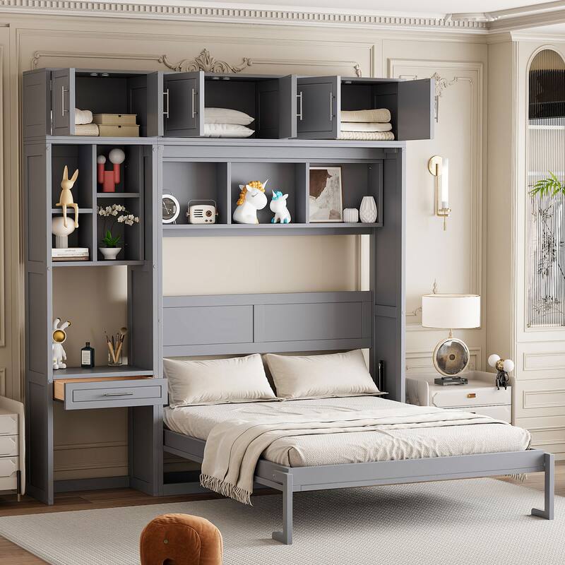 Queen Size Wall Murphy Bed, Foldable Platform Bed with Built-in Desk, Top Cabinet, Pull-out Drawer and Storage Shelves