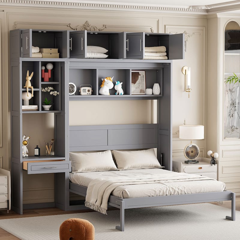 Queen Size White Wall Murphy Bed with Desk, Top Cabinet & Storage Shelves, Space Saving Foldable Bed - Grey