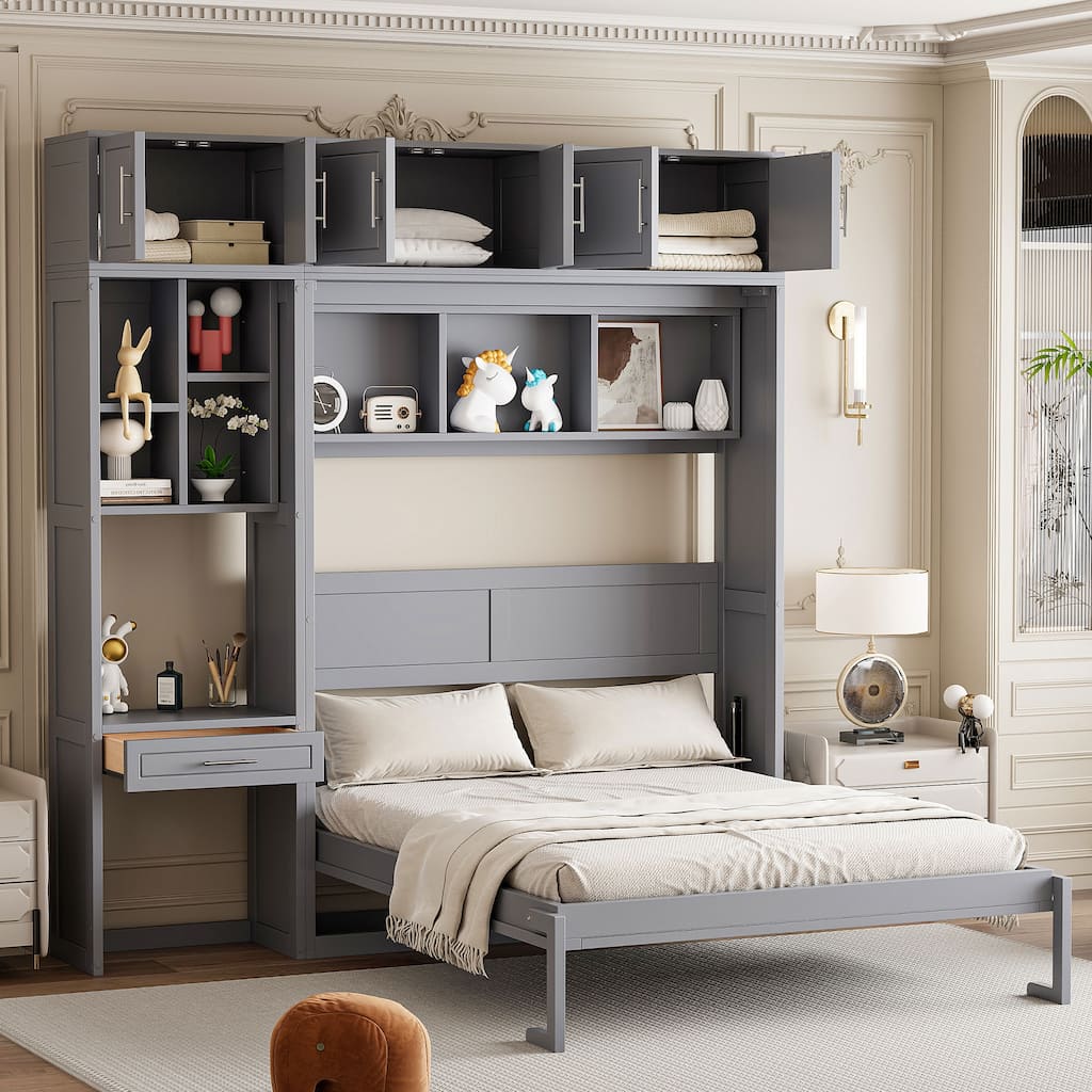 Wall Cabinet Murphy Bed with Dressing Desk & Top Cabinet, Foldable Bed
