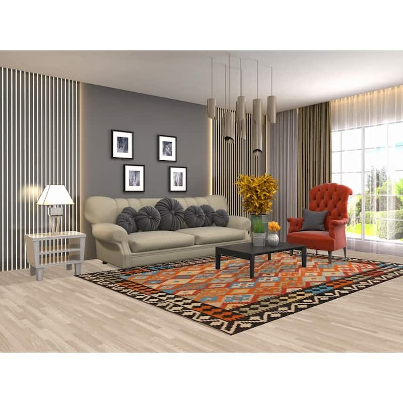 Hand Woven Oriental 100% Wool Carpet Southwestern Geometric Oranges & Rust Kilim Area Rug - 9' 9'' X 6' 8''