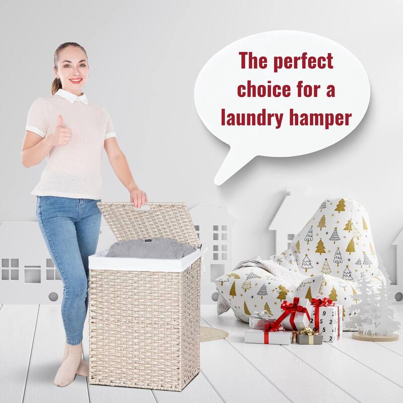Laundry Hamper with Lid, 100L Wicker Laundry Baskets with 2 Removable Liner Bags - 18"Lx13.5"W x24"H