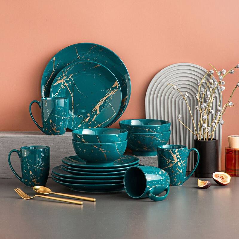LOVECASA 16-Piece Porcelain Color Glaze with Gold Dinnerware Set