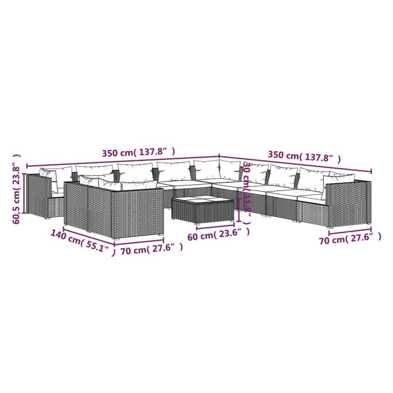 vidaXL Patio Lounge Set with Cushions Brown Poly Rattan - 27.6" x 27.6" x 24" - 27.6" x 27.6" x 24"