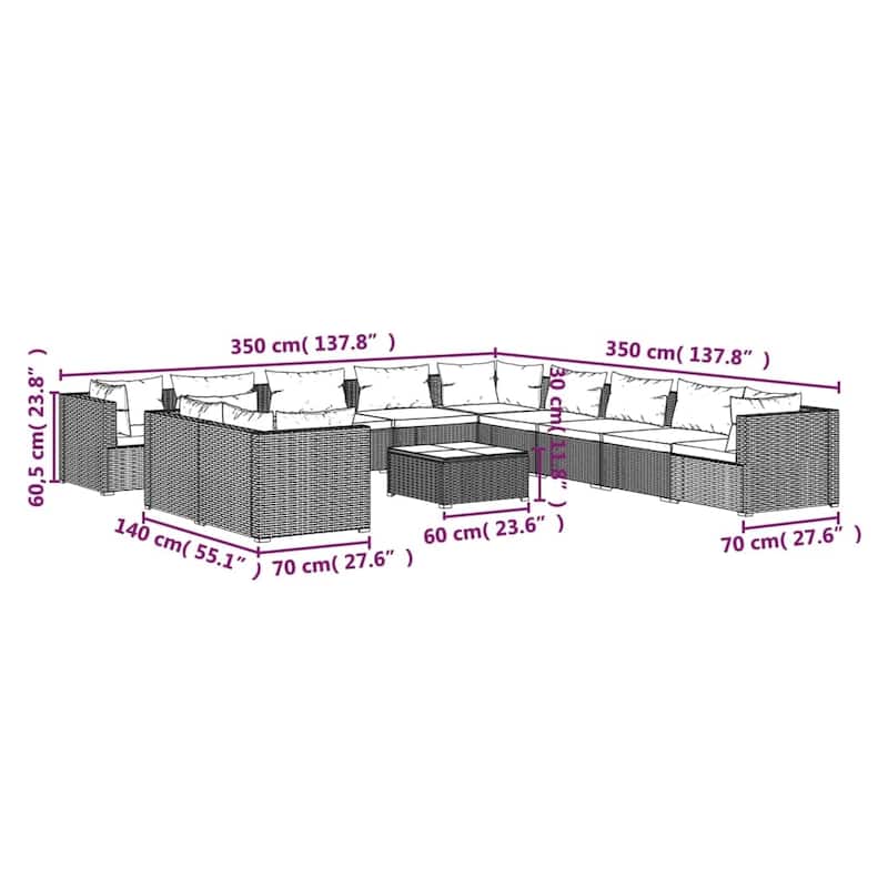 vidaXL Patio Lounge Set Outdoor Sectional Sofa Set Table Garden Poly Rattan - 27.6" x 27.6" x 23.8"