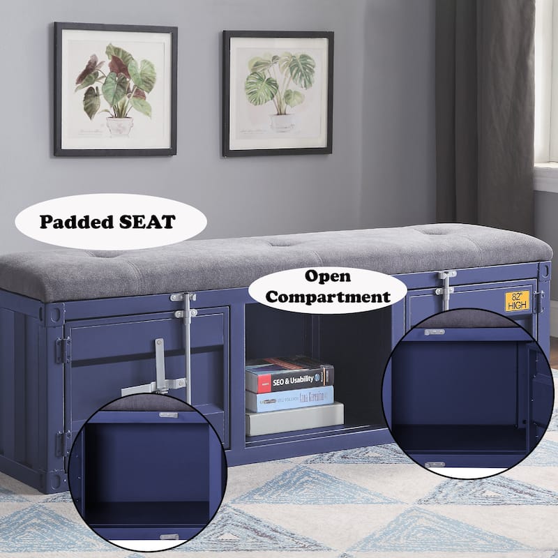Gray Fabric and Blue Finish Bench W/Storage
