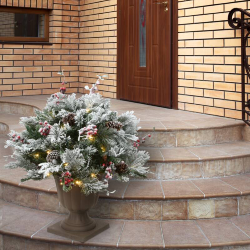 National Tree Company 22 in. Snowy Bedford Urn Filler with Battery Operated LED Lights - Green - 22in