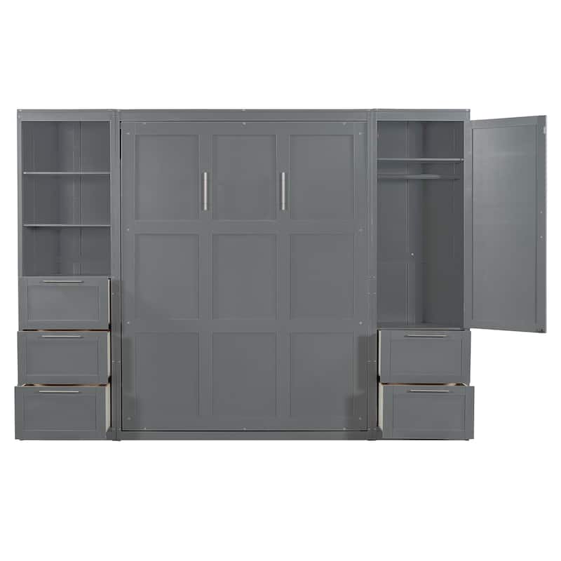 Queen Size Murphy Wall Bed with Built-In Closet, Drawers, and Shelves, Space-Saving Design