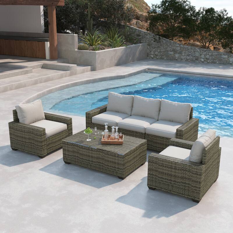 6 Pieces Patio Rattan Conversation Furniture Set with Coffee Table