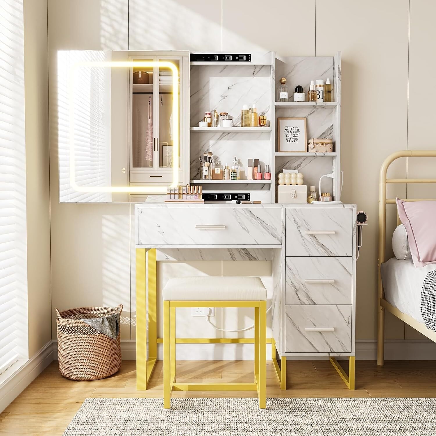 4 Drawers and 5 Shelves Dressing Table, Makeup Vanity Desk with Lighted Mirror