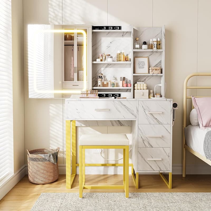 4 Drawers and 5 Shelves Dressing Table, Makeup Vanity Desk with Lighted Mirror - Marble White