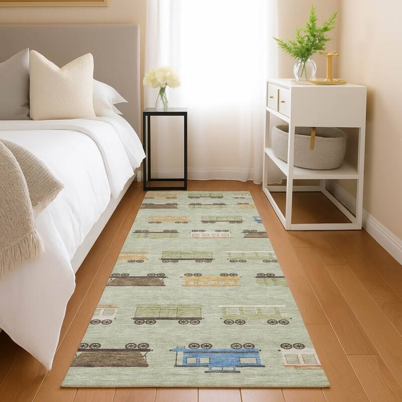 Machine Washable Indoor/ Outdoor Modern Train Chantille Rug