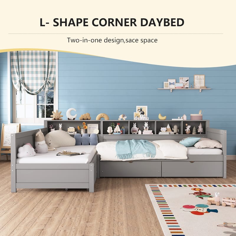 Roomfitters Twin L-Shaped Daybed for 2 with 3 Storage Drawers, Wooden Corner Bed Frame with Bookshelf for Bedroom