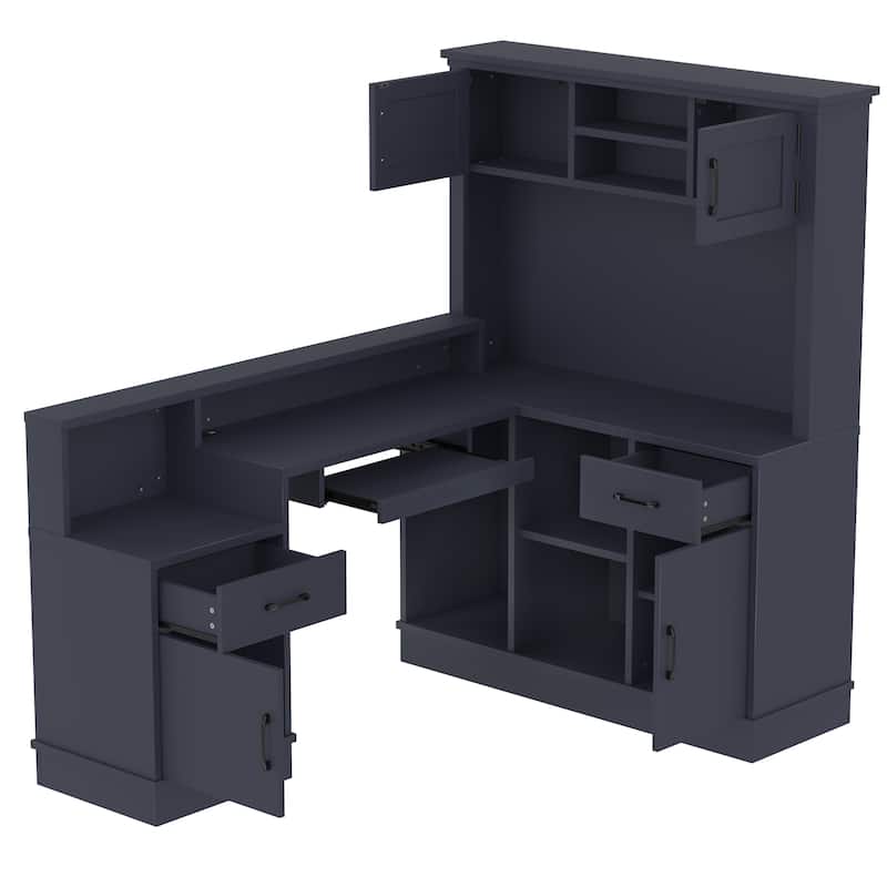 L-Shaped Corner Desk with Outlet, Drawers & Bookshelf, Study Table, Writing Desk Gaming Computer Desk with Storage