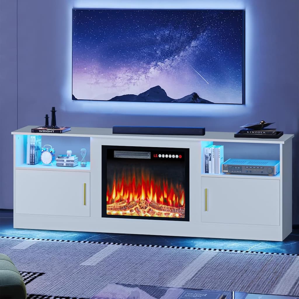 BOSSIN 70" Fireplace TV Stand - Modern Wood Entertainment Center with 23" Electric Fireplace with LED Light for Living Room