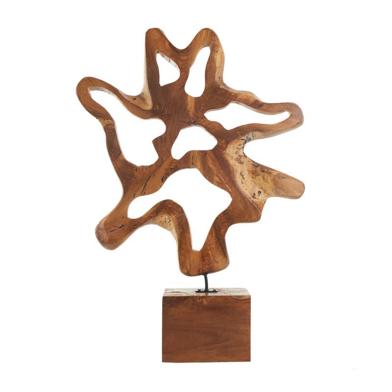 Brown Teak Wood Cutout Abstract Decorative Sculpture with Block Base