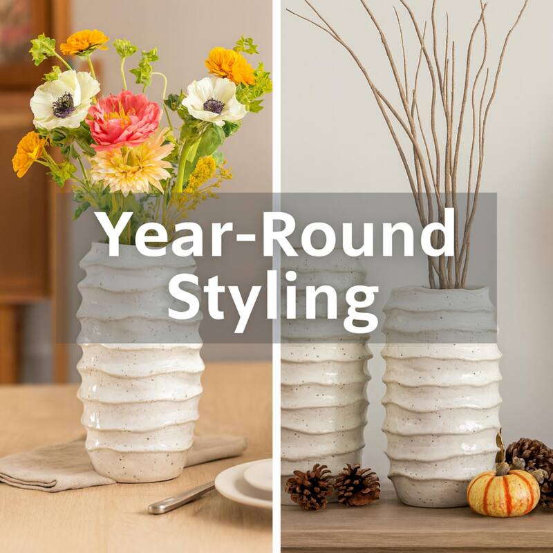 Aria Home White Creamy Ceramic Grooved Vases Modern Decor Set of 2