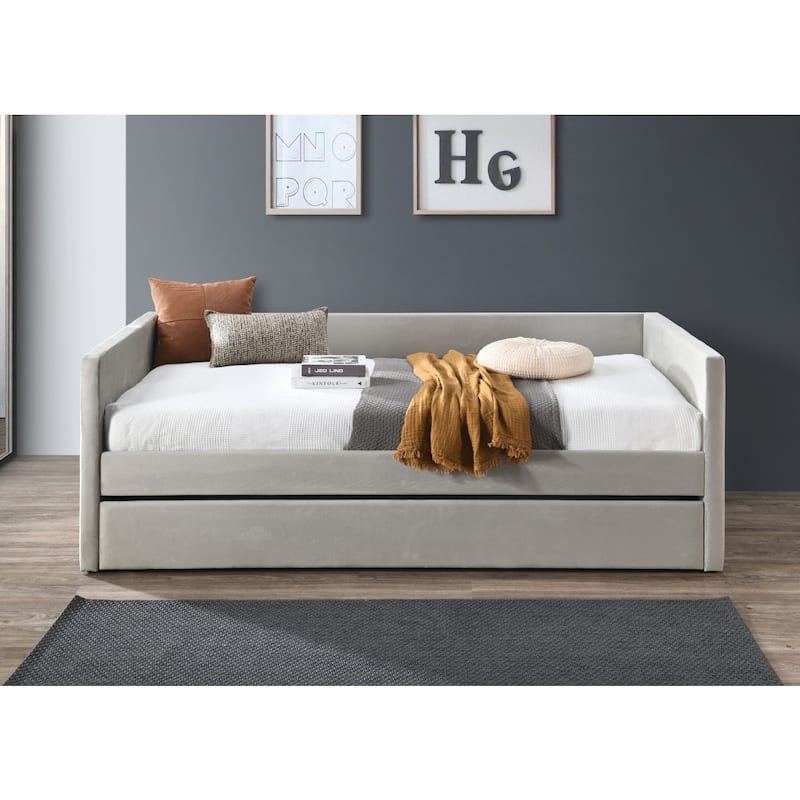 Stylish Velvet Daybed with Trundle, Square Arm Twin Day Bed - Beige