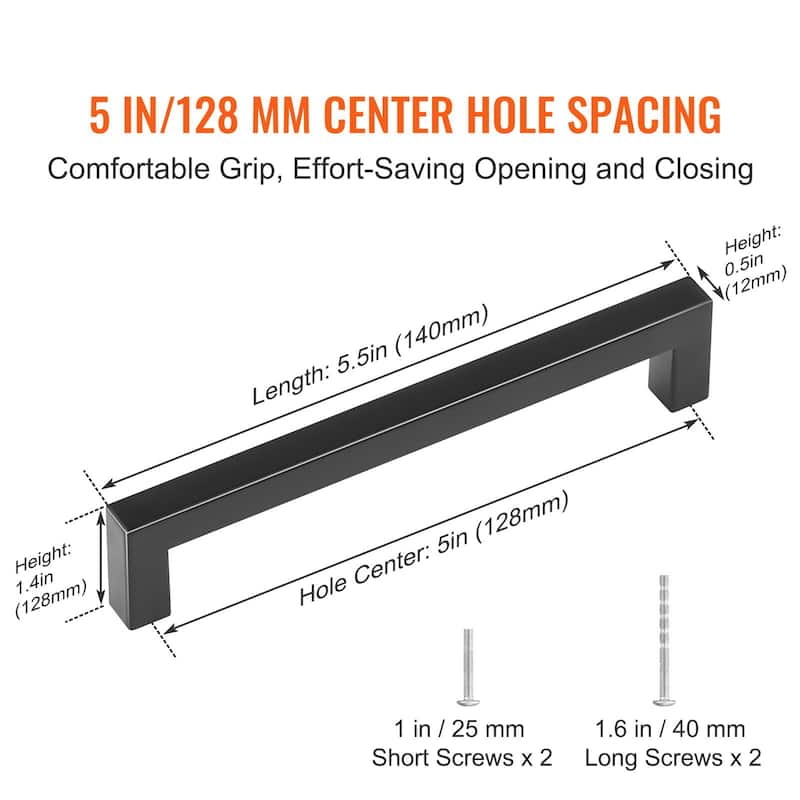 Black Stainless Steel 5-Inch Cabinet Pulls with Screws 30-Pack - 5.51” L x 0.47” W x 1.38” H