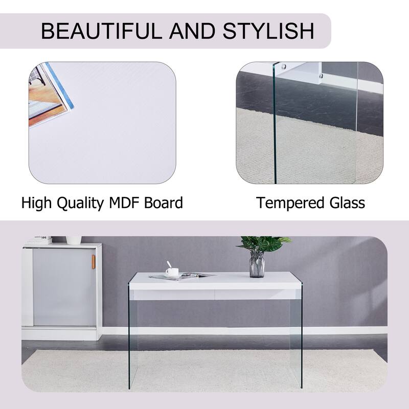 The top of the coffee table is made of MDF and white stickers, and the sides are clear tempered glass. The design is sim