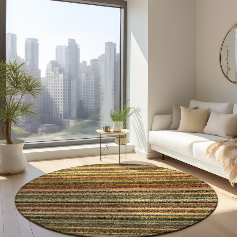 Machine Washable Indoor/ Outdoor Chantille Stripes Rug - Coral - 8' x 8'