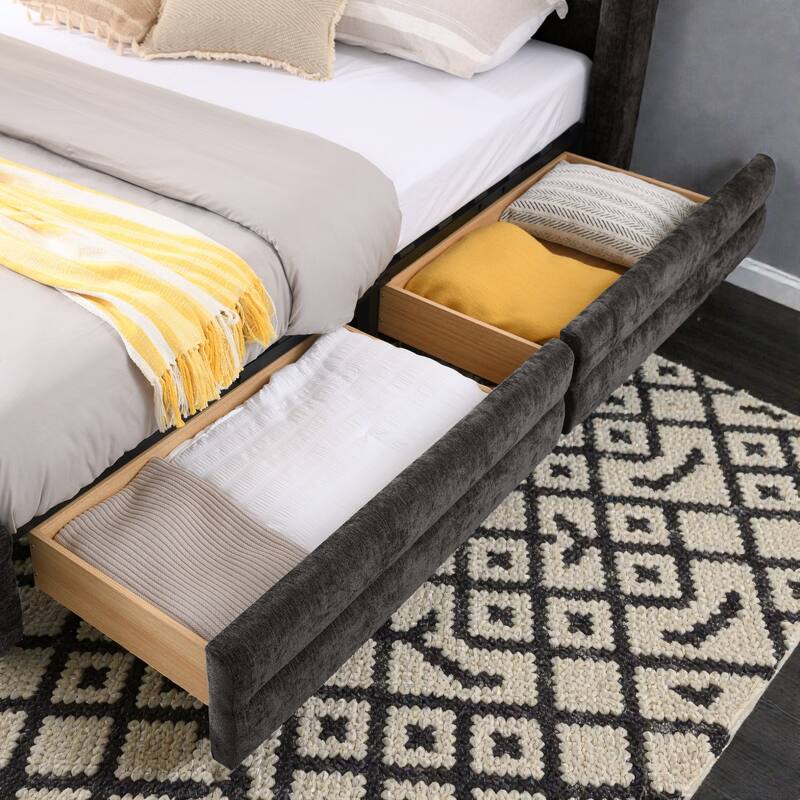 King Upholstered Bed Frame with Chenille Fabric, Soft Headboard and Underbed Storage Drawer, Modern Platform Design