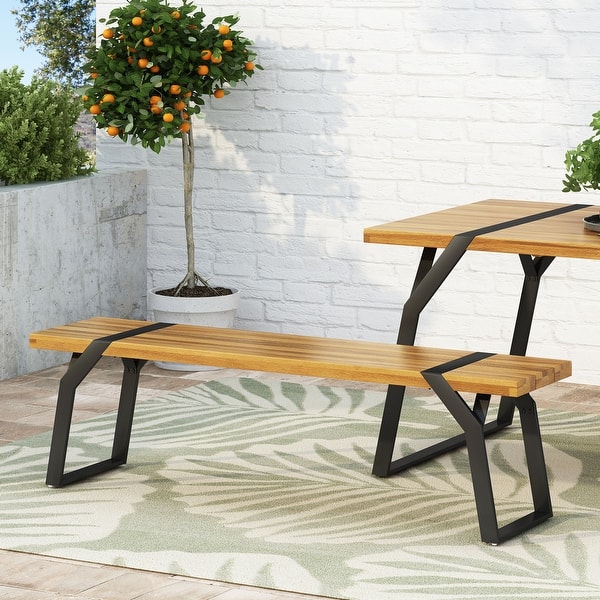 slide 2 of 10, Varva Outdoor Acacia Wood Outdoor Dining Bench by Christopher Knight Home Teak + Black Metal