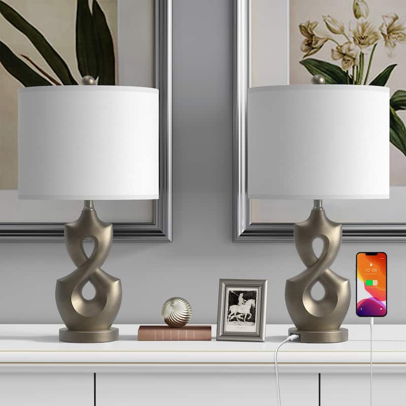 Maxax 24.5" Resin USB Bedside Table Lamp(set of 2) - Grey