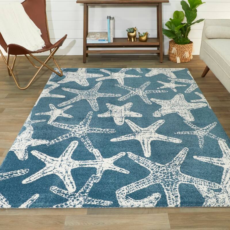 Leyton Nautical Solid Starfish Coastal Area Rug - 7'10" x 10' - Blue/White