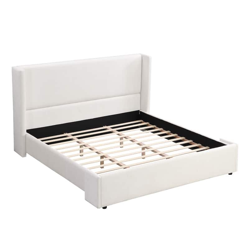 Queen / King White Upholstered Bed with Tall Headboard and Soft Touch Fabric - White - King