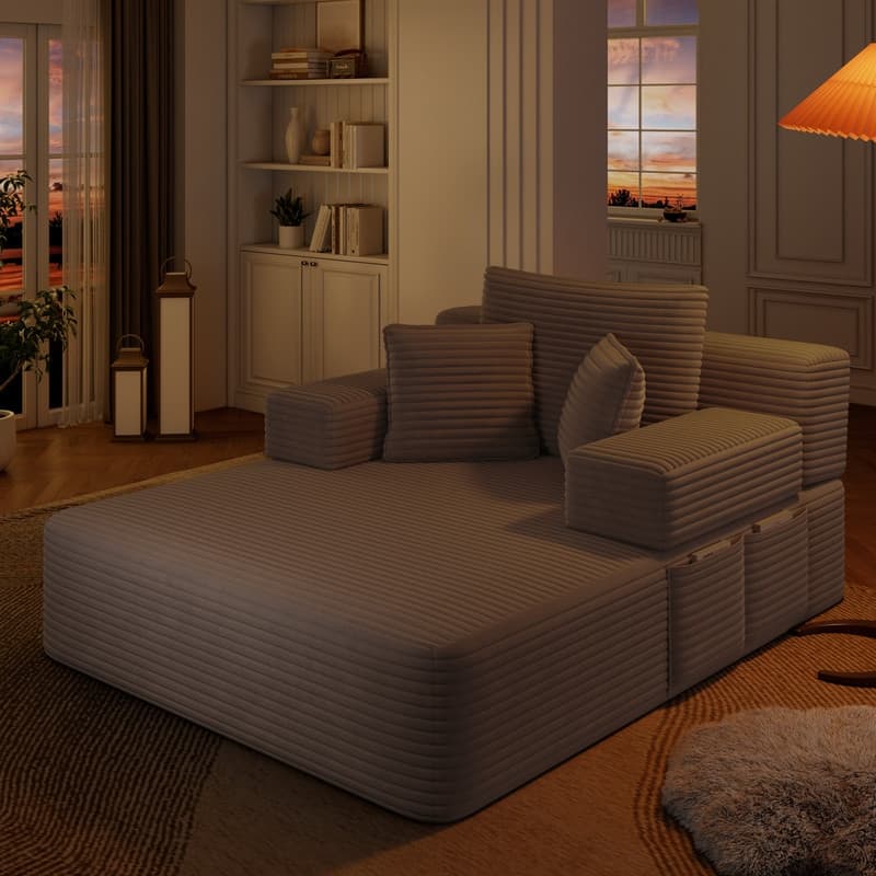 Luxurious Plush Corduroy Chaise Lounge Convertible Sofa Bed with Storage Pocket and Wide Armrests