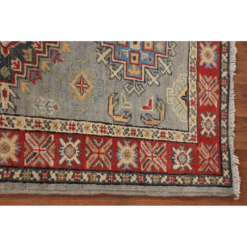 Geometric Kazak Oriental Runner Rug Hand-Knotted Grey Wool Carpet - 2'3" x 5'11"
