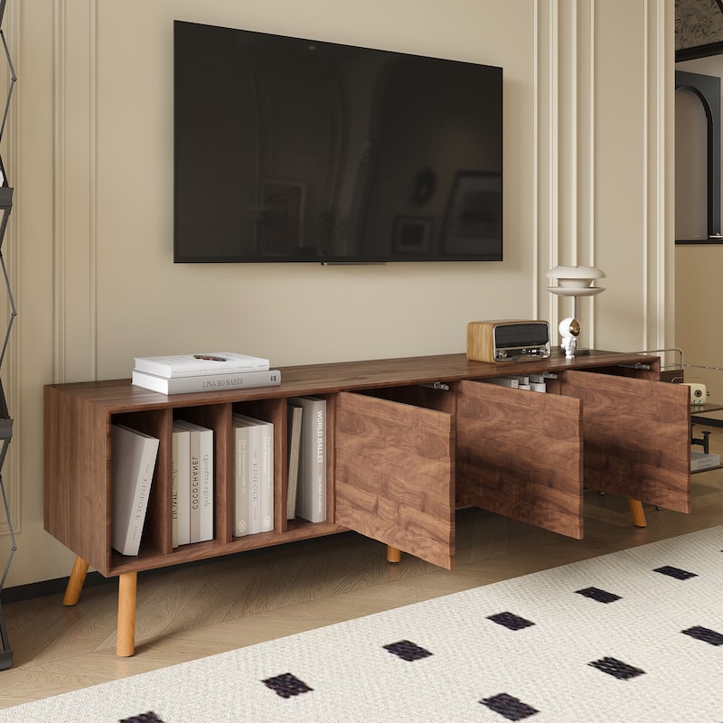 TV Stand with Sliding Doors and Shelves, Entertainment Center with Storage, Media Console Table with 5 Solid Wood Legs