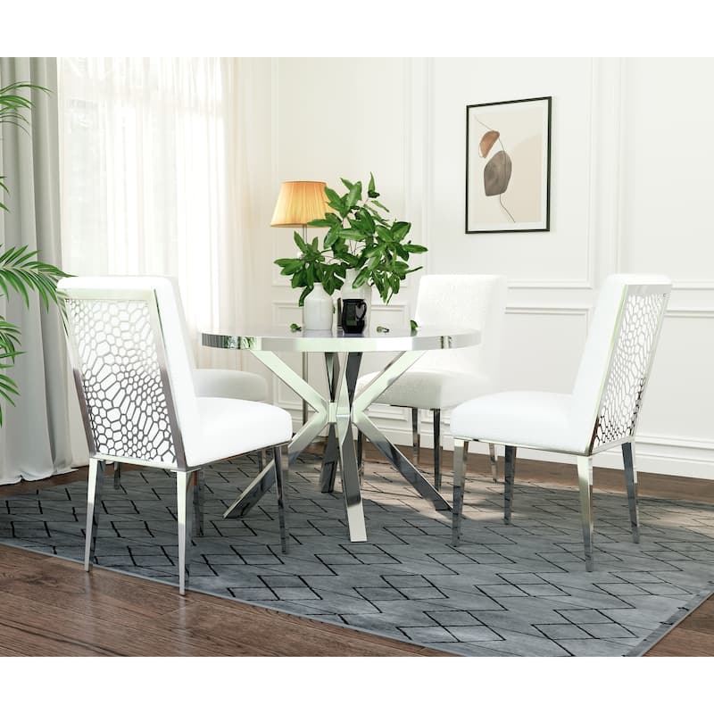 White Upholstered Sherpa Dining Chair Boucle Accent Chairs with Mirrored Silver Legs