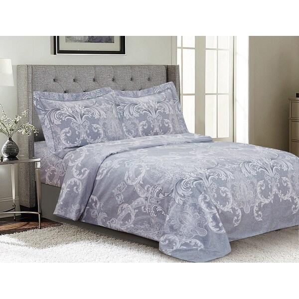 Violet Linen French Damask Pattern Luxury 200 Thread Count Cotton Percale Blue 6 Piece Bedding Duvet Cover Set