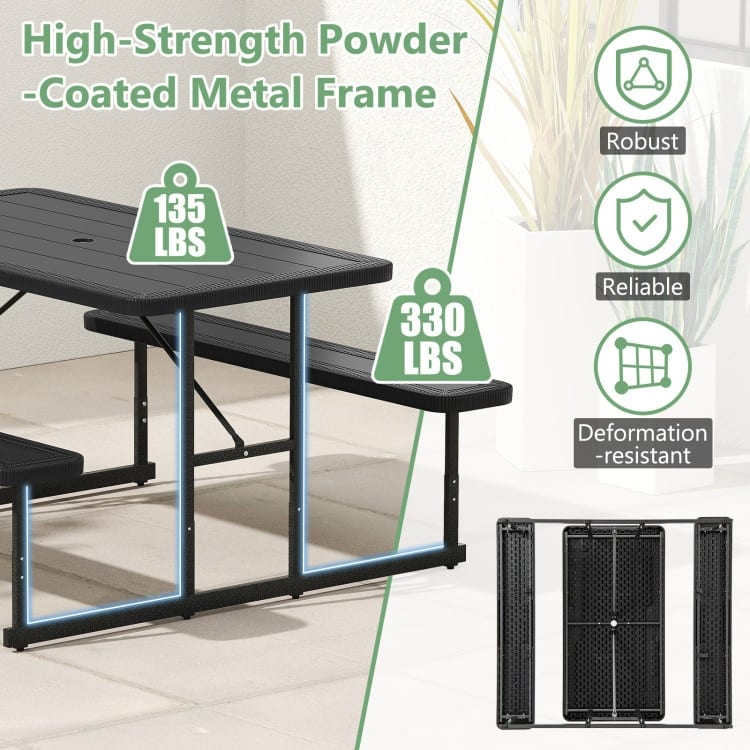 HDPE Picnic Table and Bench Set with Metal Frame and Umbrella Hole - 59" x 53" x 30"