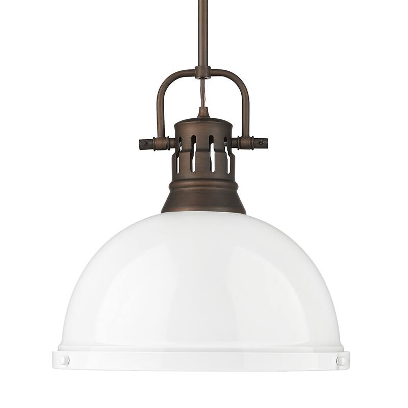 Yep by Golden Lighting Duncan 1-light 14in Rod Hung Pendant in Rubbed Bronze and White shade